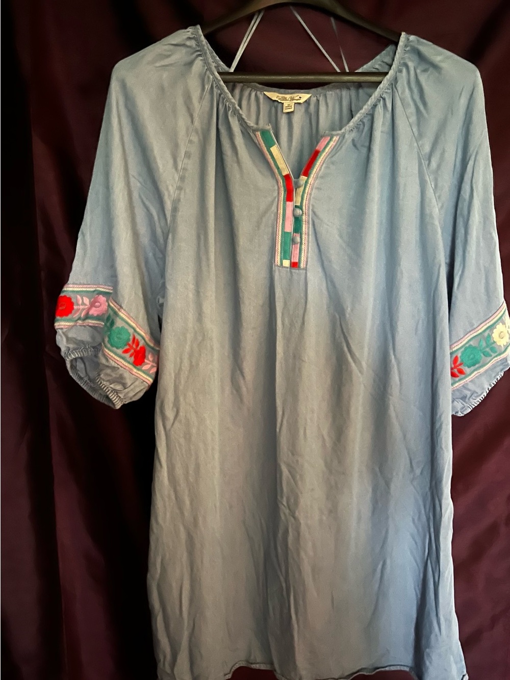 The Pioneer Woman Light Blue Embroidered Chambray Top with Multicolor Trim